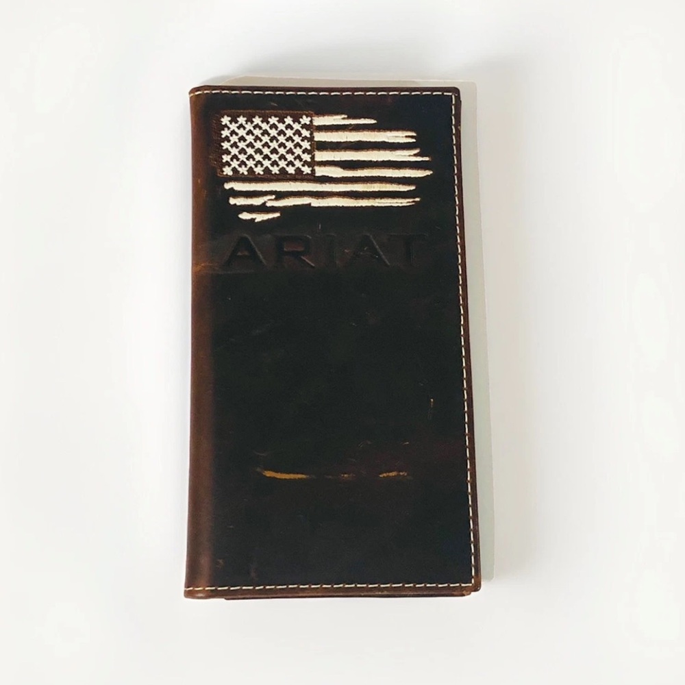 Ariat Dark Brown Leather Long Wallet with Embossed American Flag